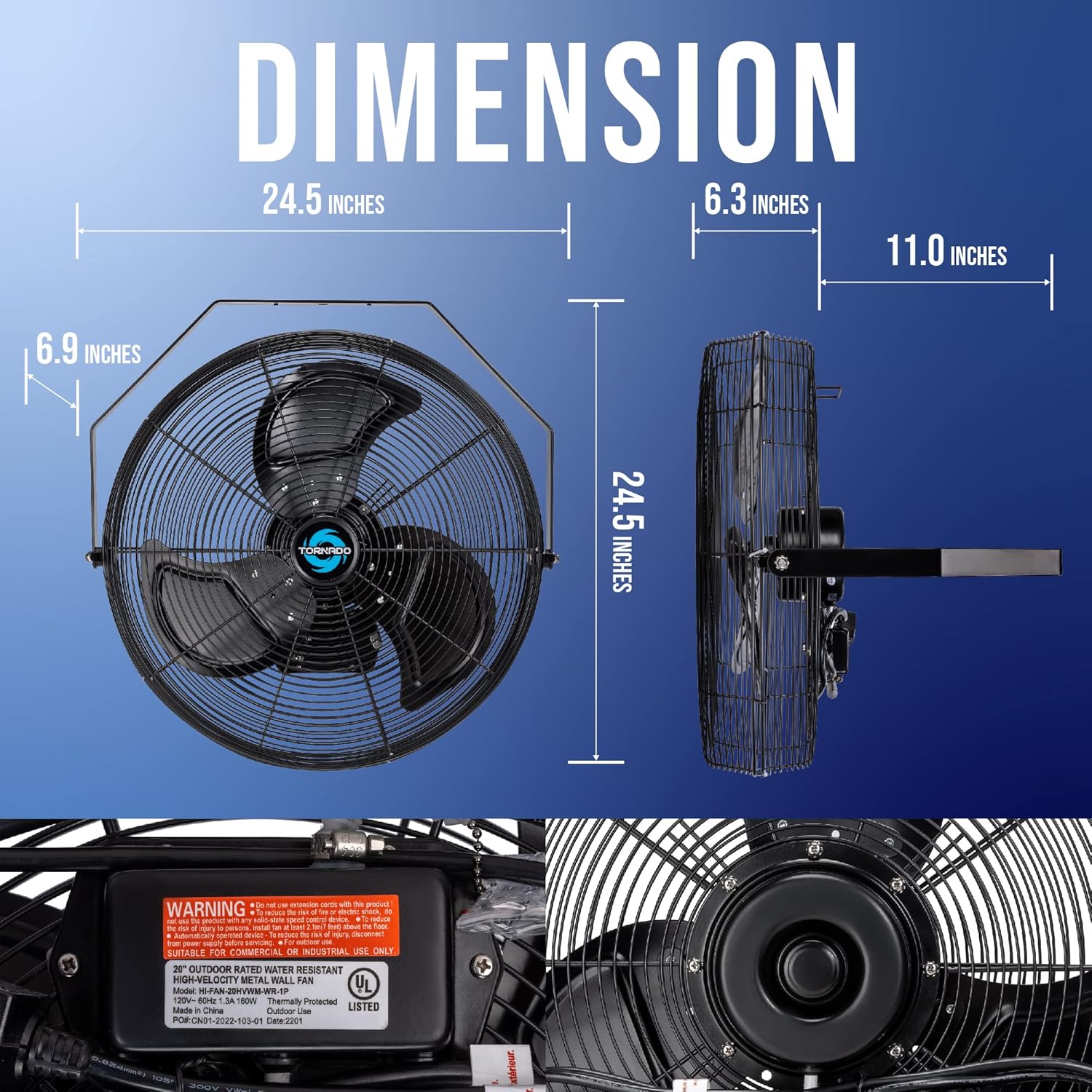 Tornado 20 Inch Outdoor Rated IPX4 Water-Resistant High Velocity Fan Industrial Workstation Wall Mount Fan For Commercial, Industrial, Residential, Greenhouse Use 3 Speed 4750 CFM UL Safety Listed : Home & Kitchen