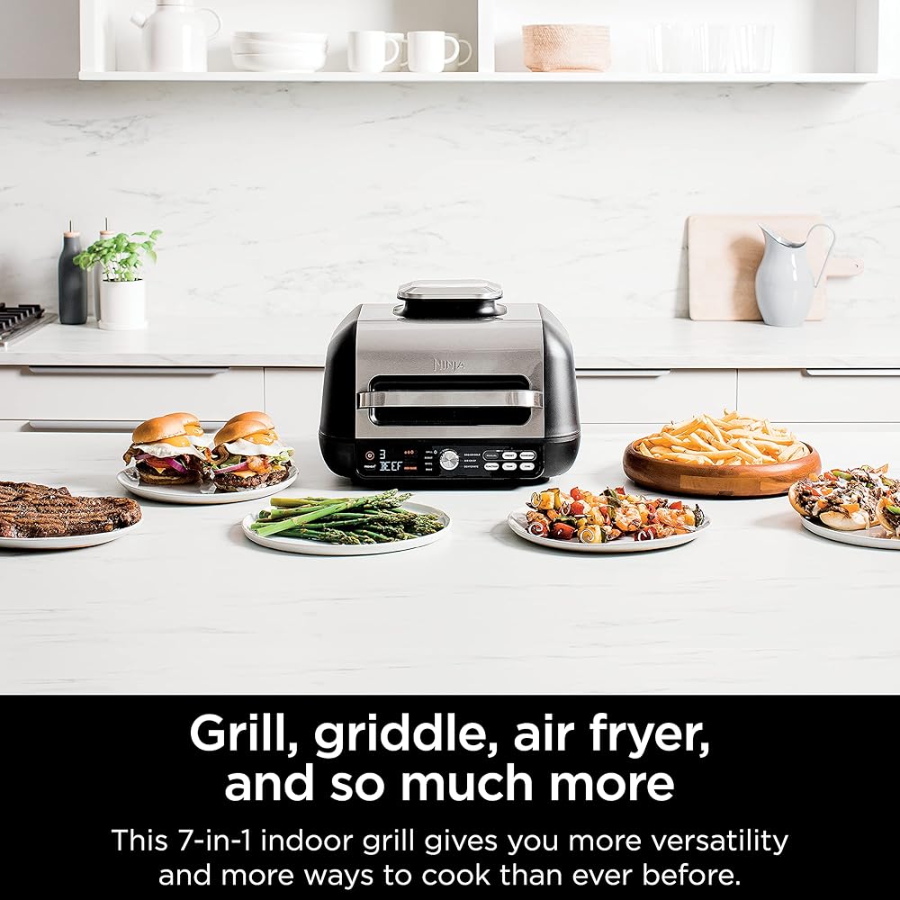 Ninja IG651 Foodi Smart XL Pro 7-in-1 Indoor Grill/Griddle Combo, use Opened or Closed, Air Fry, Dehydrate & More, Pro Power Grate, Flat Top, Crisper, Smart Thermometer, Black: Home & Kitchen