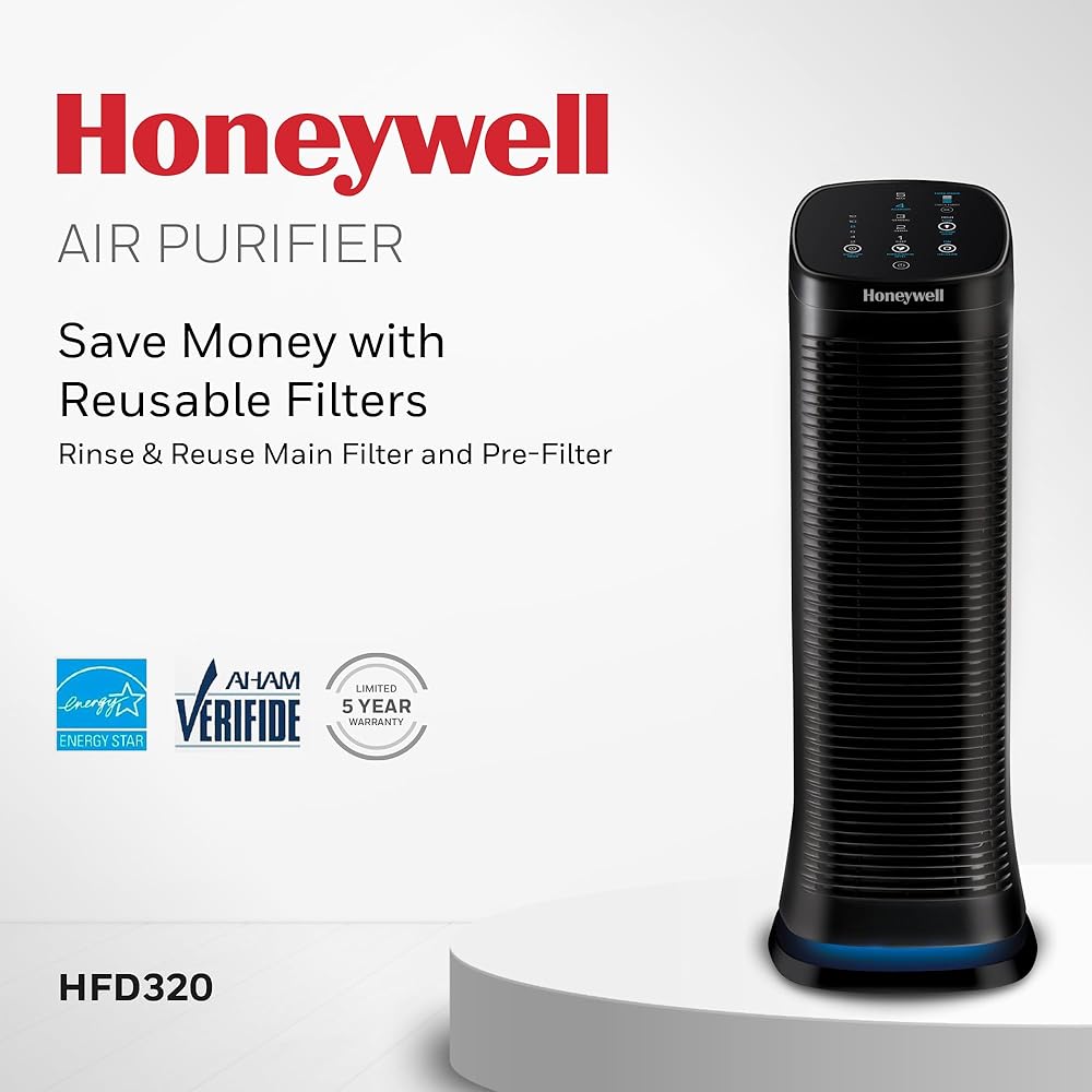 Honeywell Permanent Filter Air Purifier for Home, 1208Ft² Rooms in 1 hour, Reduces Dust, Pollen, Pet Dander, Odors, Smoke, Washable Filters, Black, HFD320 : Home & Kitchen