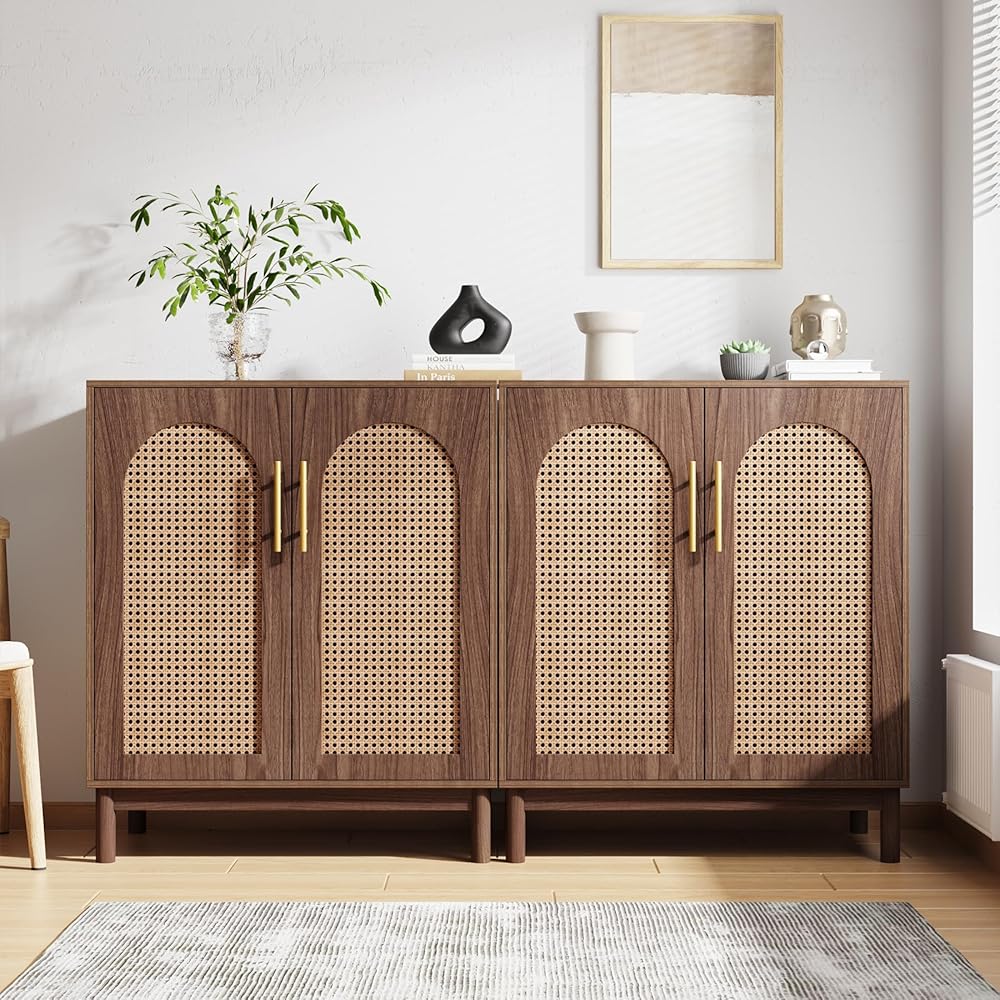 Tribesigns Set of 2 Rattan Sideboard Buffet Cabinet with Storage, 59 Inch Accent Cabinet for Dining Room, Living Room, Kitchen, Rattan and Dark Brown : Home & Kitchen