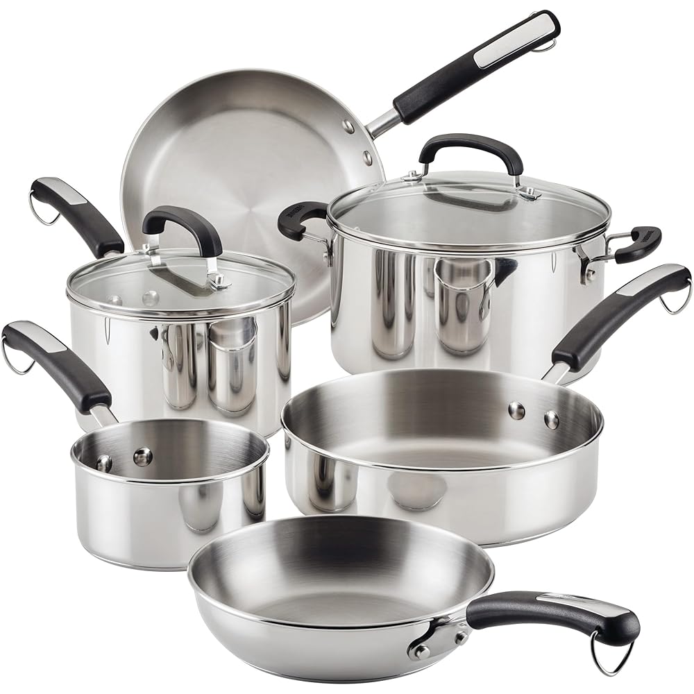Farberware Brilliance Stainless Steel Cookware Pots and Pans Set with Kitchen Cooking Tools and Glass Lids, 10 Piece, Dishwasher Safe and Induction Ready, Stainless Steel: Home & Kitchen