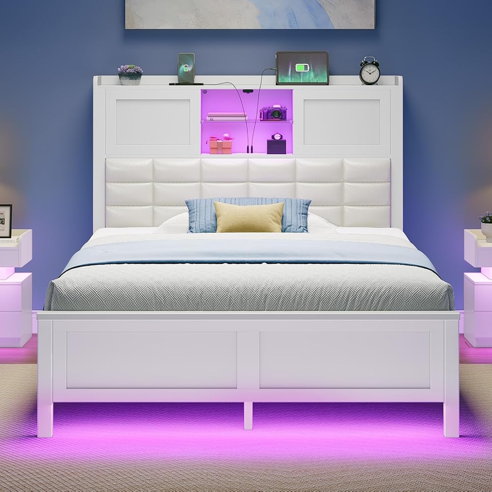 Rolanstar Bed Frame Twin Size with Charging Station, Bookcase Headboard Bed with LED Light and Sliding Doors, Platform Bed with Wooden Slats, No Box Spring Needed, Noise Free, White : Home & Kitchen