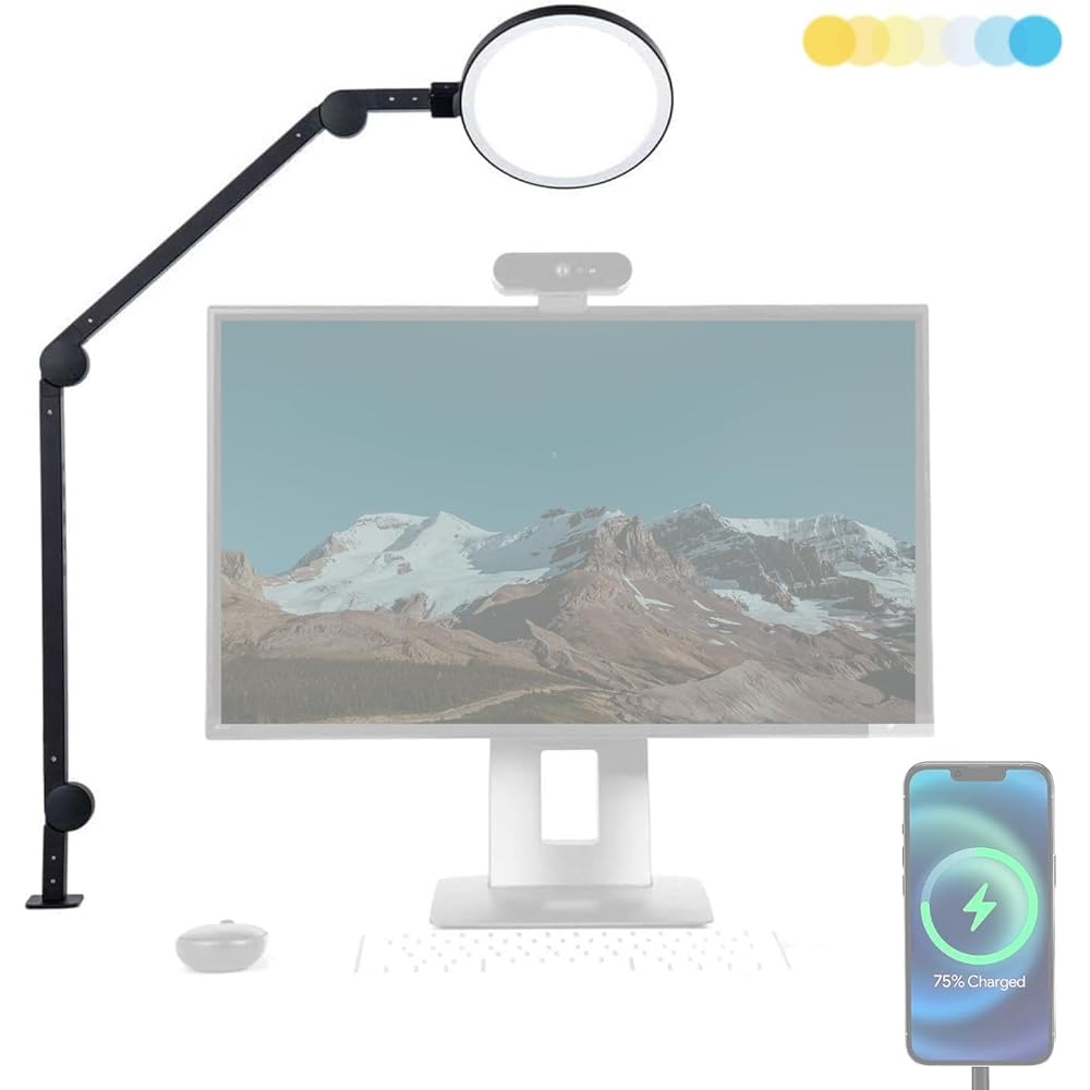 LUME CUBE Edge Light 2.0 LED Black Desk Lamp | Dimmable Home Office Desk Light with USB Charging Port & Strong Swing Arm | Adjustable Color Temperature and Brightness | Circle Webcam Light -