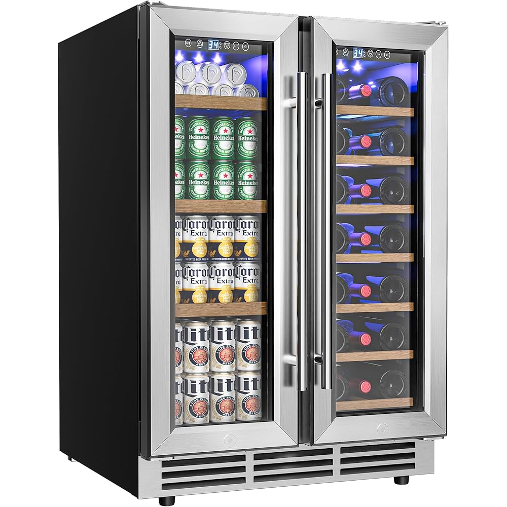 EUHOMY Wine and Beverage Refrigerator, 24 Inch Dual Zone Wine Cooler with Glass Door Hold 21 Bottles and 88 Cans, Built in or Under Counter Wine Fridge with Blue LED Light: Home & Kitchen