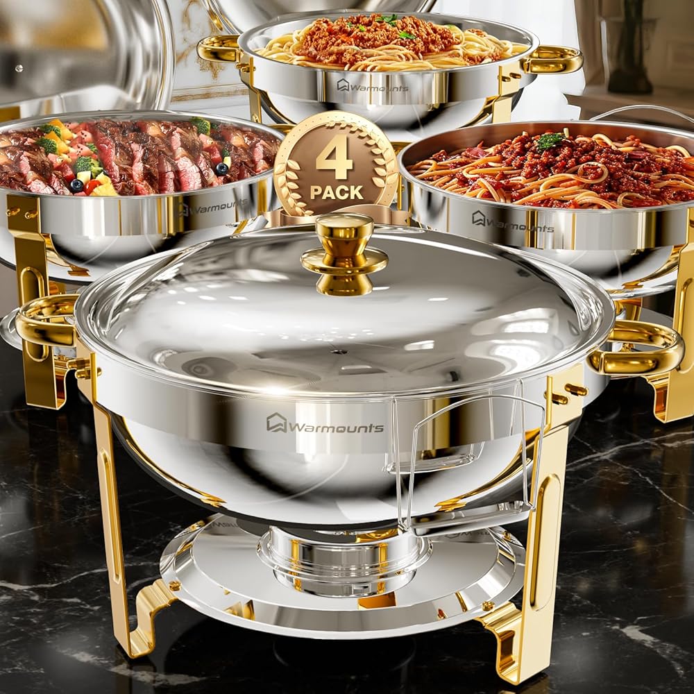 WARMOUNTS Round Chafing Dishes for Buffet (5QT, 4 Pack), Gold Chafing Dish Set, Food Grade Stainless Steel Chafers and Buffet Warmers Sets, Food Warmers for Catering Events, Parties, Weddings: Home & Kitchen