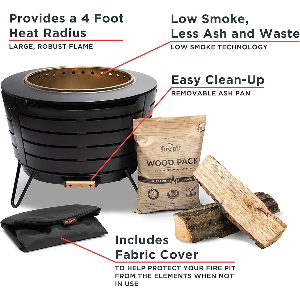 TIKI 25-Inch Smokeless Patio Fire Pit, Wood Burning with Removable Ash Pan & Weather-Resistant Cover, Modern Black Design – Ideal Outdoor Smokeless Fire Pit for Backyard & Patio