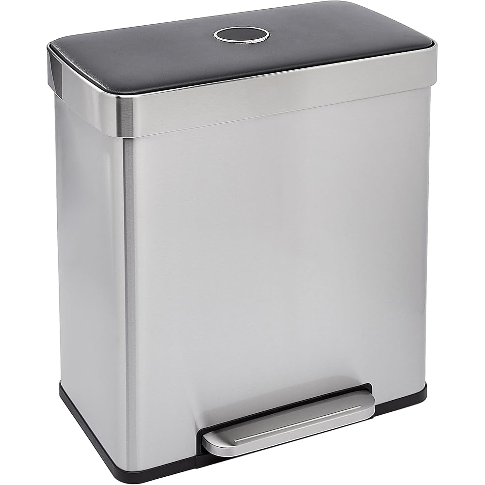 Amazon Basics Dual Compartment Recycling Trash Can with Soft-Close Lid and Removable Liner Buckets, 60 Liters, Rectangular, Grey, Silver : Home & Kitchen