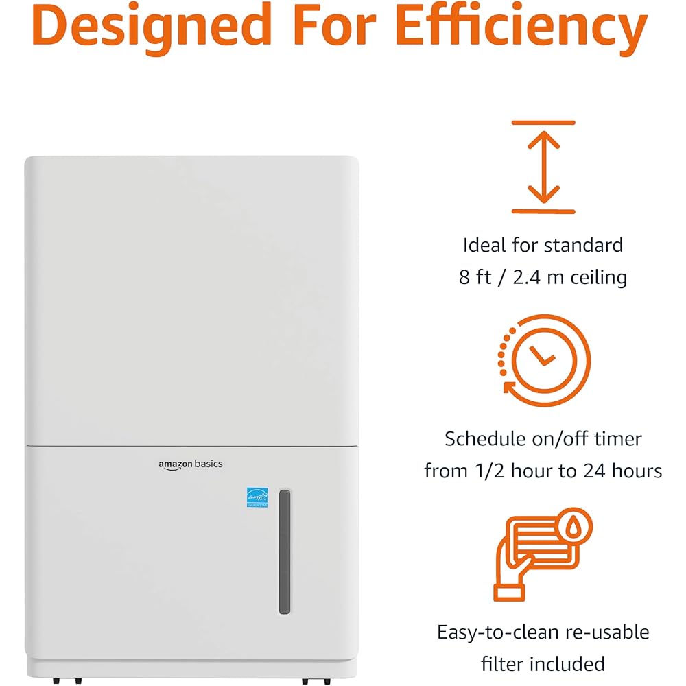 - Amazon Basics Large Dehumidifier for Rooms, Energy Star Certified, Effectively Reduces Humidity, Timer, Auto-Defrost, Overflow Protection, up to 2500 SFT, 35 Pint, White