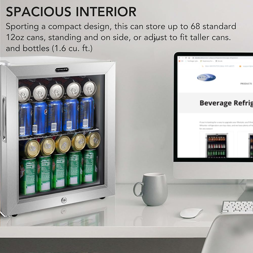 Whynter BR-062WS 68-Can Beverage Refrigerator with Glass Door, 1.6 Cu Ft Freestanding Drink Mini Fridge, Cubic Feet, Stainless Steel
