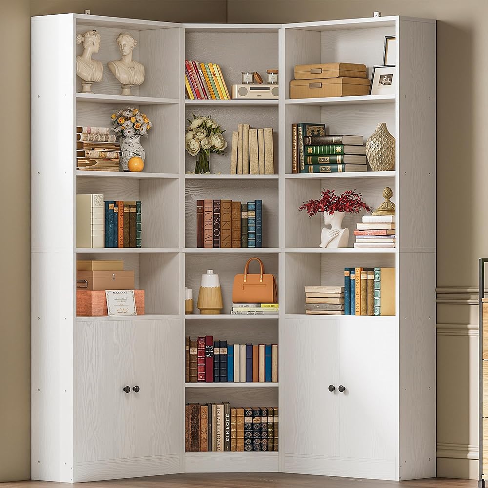 IRONCK Corner Bookshelf and Bookcase with 2 Storage Cabinets and 7 Tier Shelves, 71