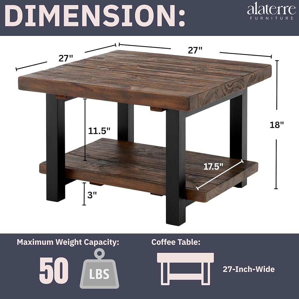 Pomona 27-Inch Rustic Square Coffee Table – Solid Pine Wood with Natural Weathered Finish and Industrial Metal Legs – Small Space Living Room Accent by Alaterre Furniture