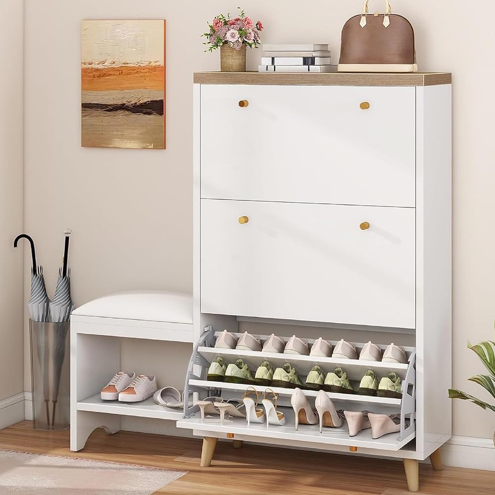 DWVO Shoe Cabinet with Bench for Entryway, Modern Shoe Storage Cabinet Shoe Bench, Narrow Hidden Shoe Organizer with 3 Flip Drawer, for Hallway, Closet, Living Room, White : Home & Kitchen