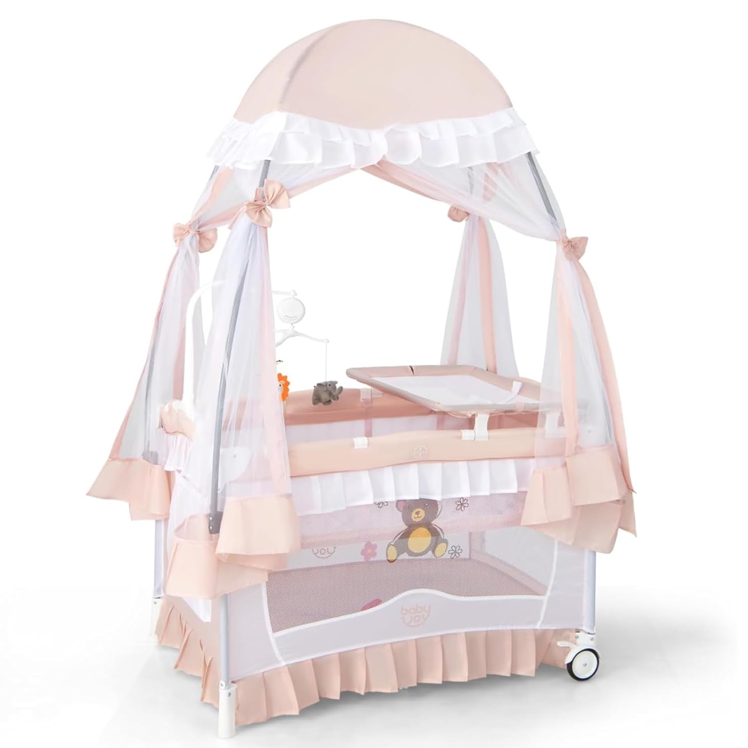 : BABY JOY 4 in 1 Pack and Play with Canopy, Portable Baby Playard with Bassinet, Double-Layer Baby Crib, Wheels & Brake, Foldable Baby Girl Pink Bassinet from Newborn to Toddler : Baby
