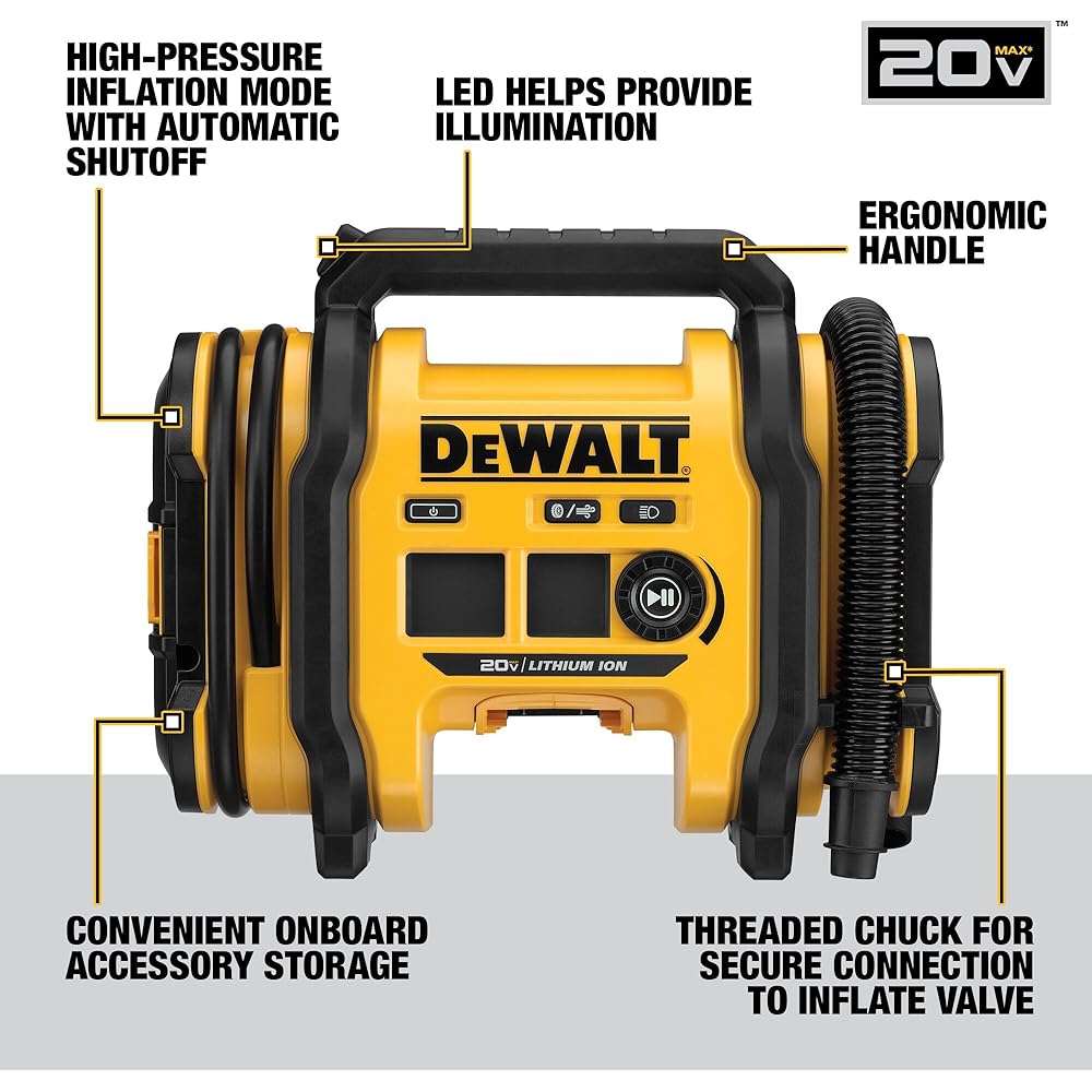 DEWALT Tire Inflator Portable Air Compressor 20V MAX, Air Pump with Automatic Shut Off, LED Light, Tool Only (DCC020IB) : Tools & Home Improvement