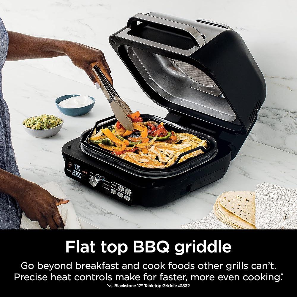 Ninja IG651 Foodi Smart XL Pro 7-in-1 Indoor Grill/Griddle Combo, use Opened or Closed, Air Fry, Dehydrate & More, Pro Power Grate, Flat Top, Crisper, Smart Thermometer, Black: Home & Kitchen
