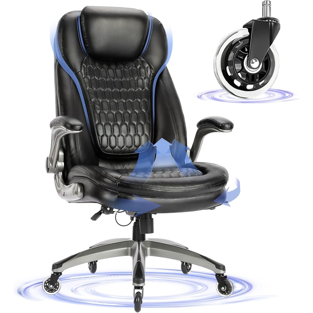 Executive Office Chair-Ergonomic Computer Desk Chair, High Back Leather Chair with Padded Flip-up Arms, Swivel Home Office Chair Upgraded Caster-Black : Office Products
