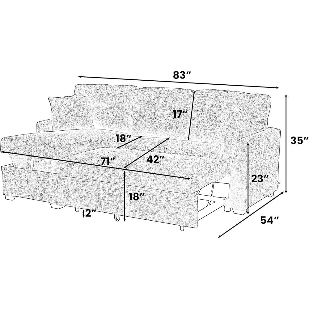 ERYE 83-inch Pull Out Sleeper Couch Bed, L-Shaped Corner Reversible Sleeper Sectional Sofa Polyester Blend Tufted Upholstered Convertible Sofa Bed with Storage Chaise for Home Apartment Living Room : Home & Kitchen