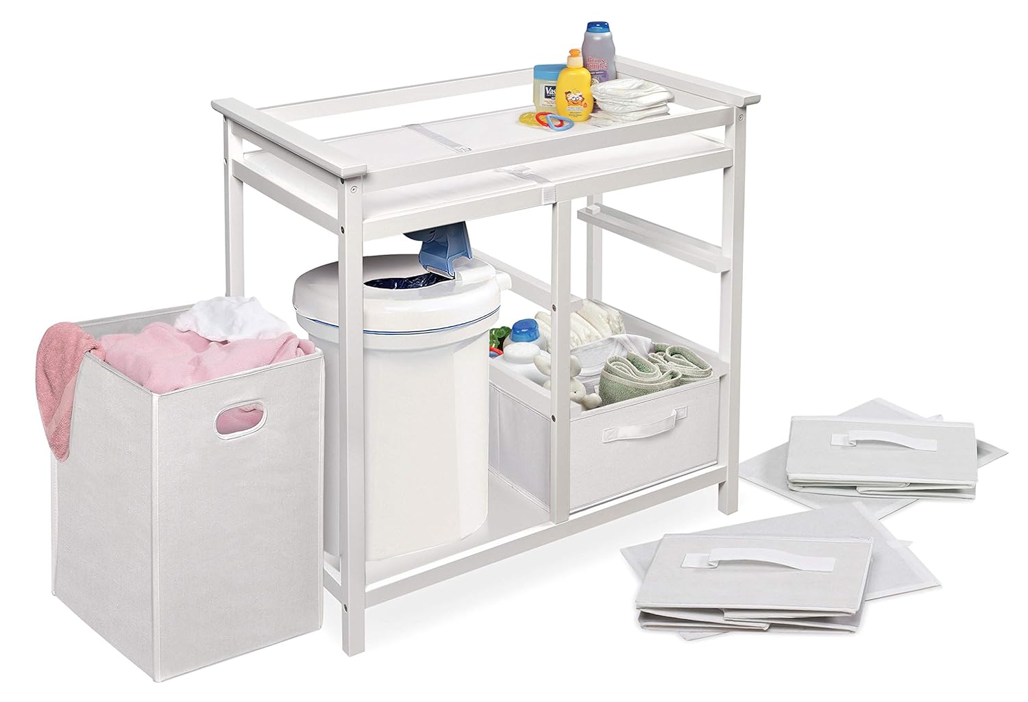 : Badger Basket Modern Baby Changing Table - Nursery Furniture with Laundry Hamper and 3 Storage Drawers - Diaper Changing Station with Safety Belt, Changing Pad, and Organizer Baskets - White/White : Baby
