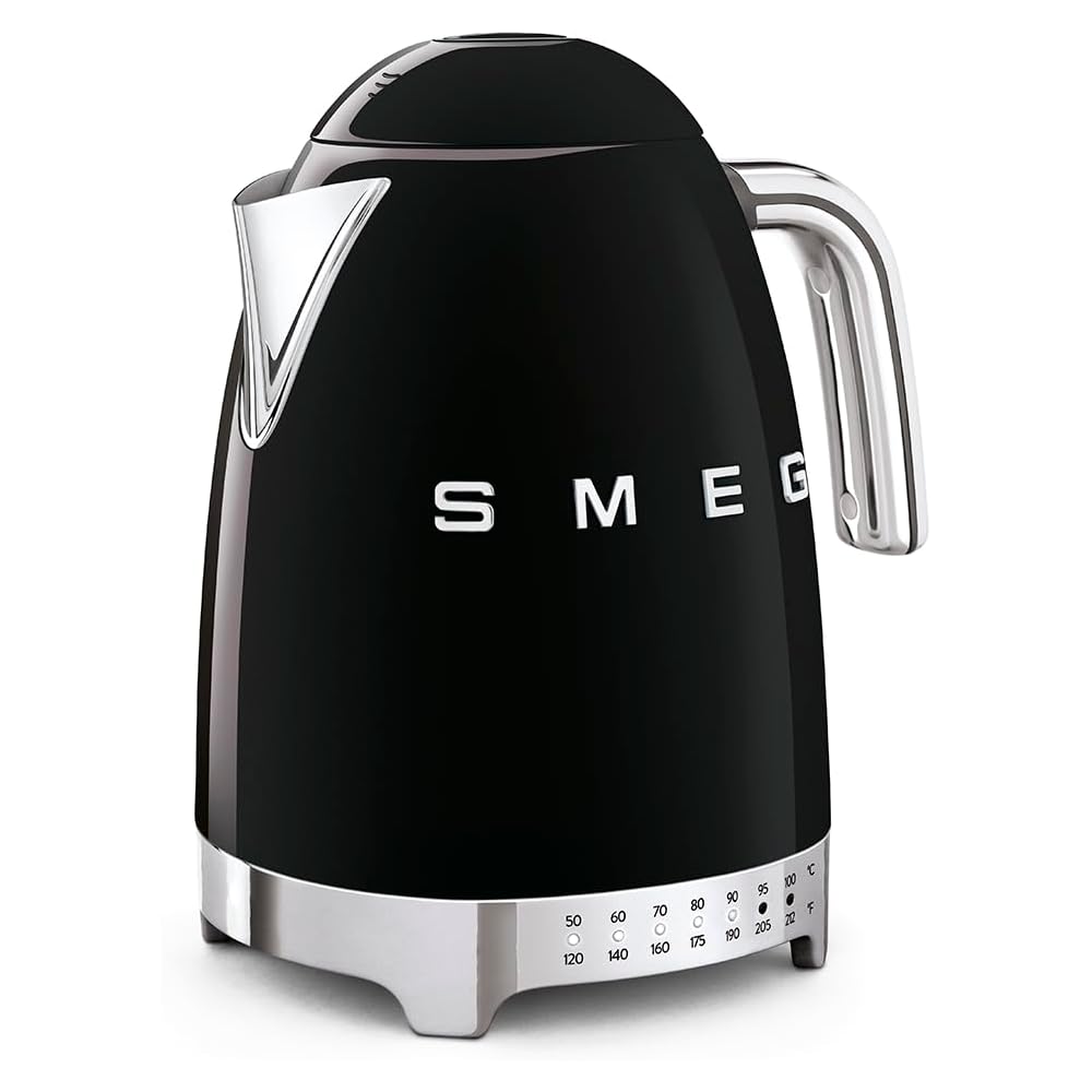 SMEG 7-Cup Variable Temperature Electric Kettle - Retro Style Aesthetic with Advanced Technology - Stainless Steel, 1400W, 120V, 360° Swivel Base, Keep Warm Function (Black): Home & Kitchen