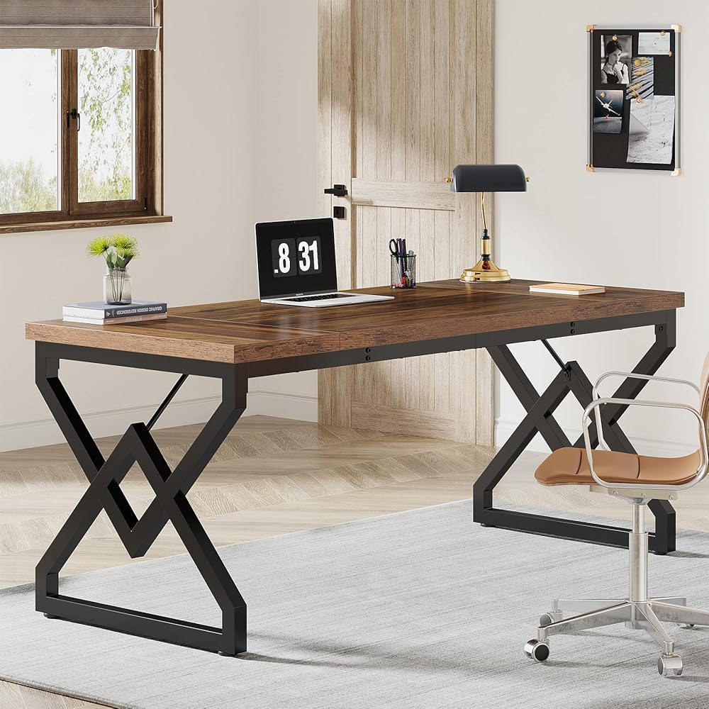 Tribesigns 63-inch Executive Desk, Large Office Computer Desk with Extra Thick Wooden Tabletop and Metal Frame, Modern Simple Workstation Writing Table Study Desk for Home Office, Vintage Brown : Home & Kitchen