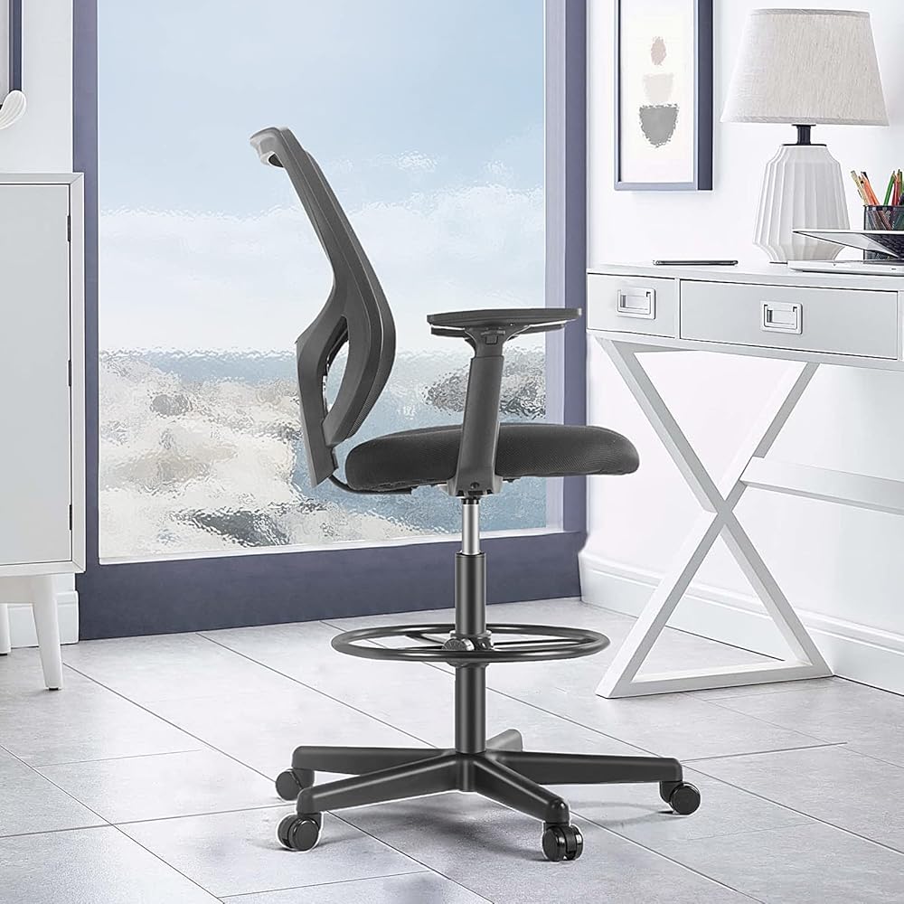 B0B744NKYL– Tall Drafting Chair - Tall Standing Office Desk Chair with Adjustable Foot Ring, Chair with Ergonomic Lumbar Support, Adjustable Height, Breathable Mesh Color: DarkBlack : Home & Kitchen