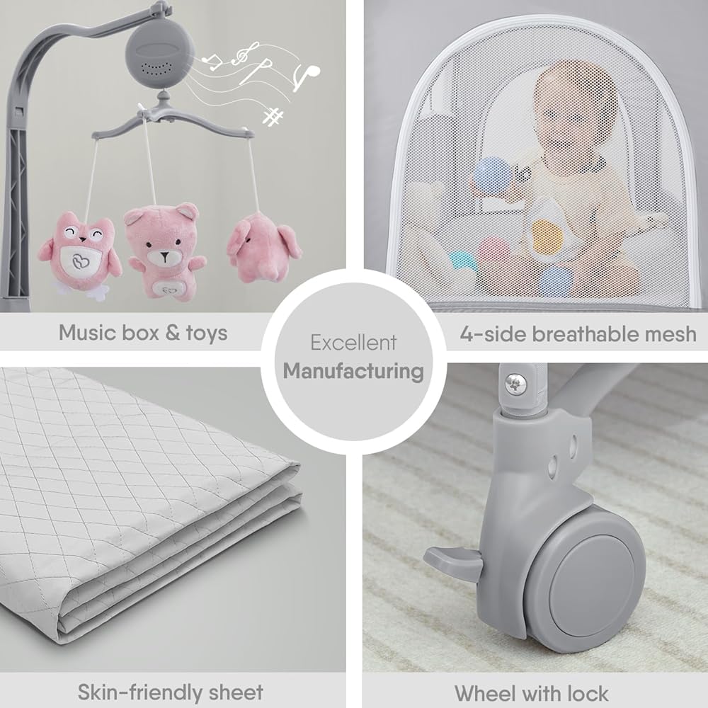 : ADOVEL Baby Bassinet Bedside Crib, Pack and Play with Mattress, Diaper Changer and Playards from Newborn to Toddles, Pink : Baby