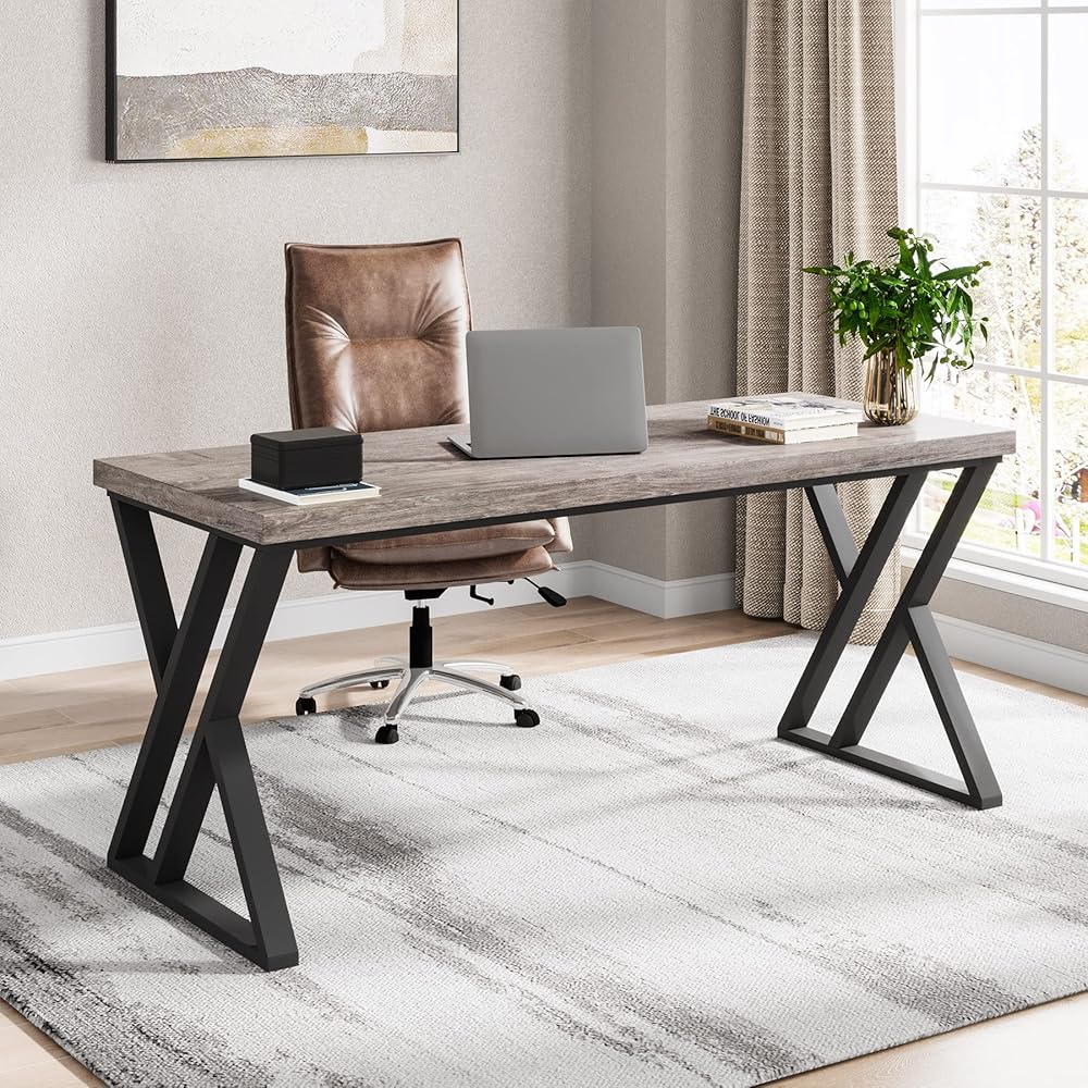 Tribesigns Writing Computer Desk, 55 inch Heavy Duty Study Desk with Z-Shaped Metal Leg, Modern Simple Home Office Computer Desk, Grey : Home & Kitchen