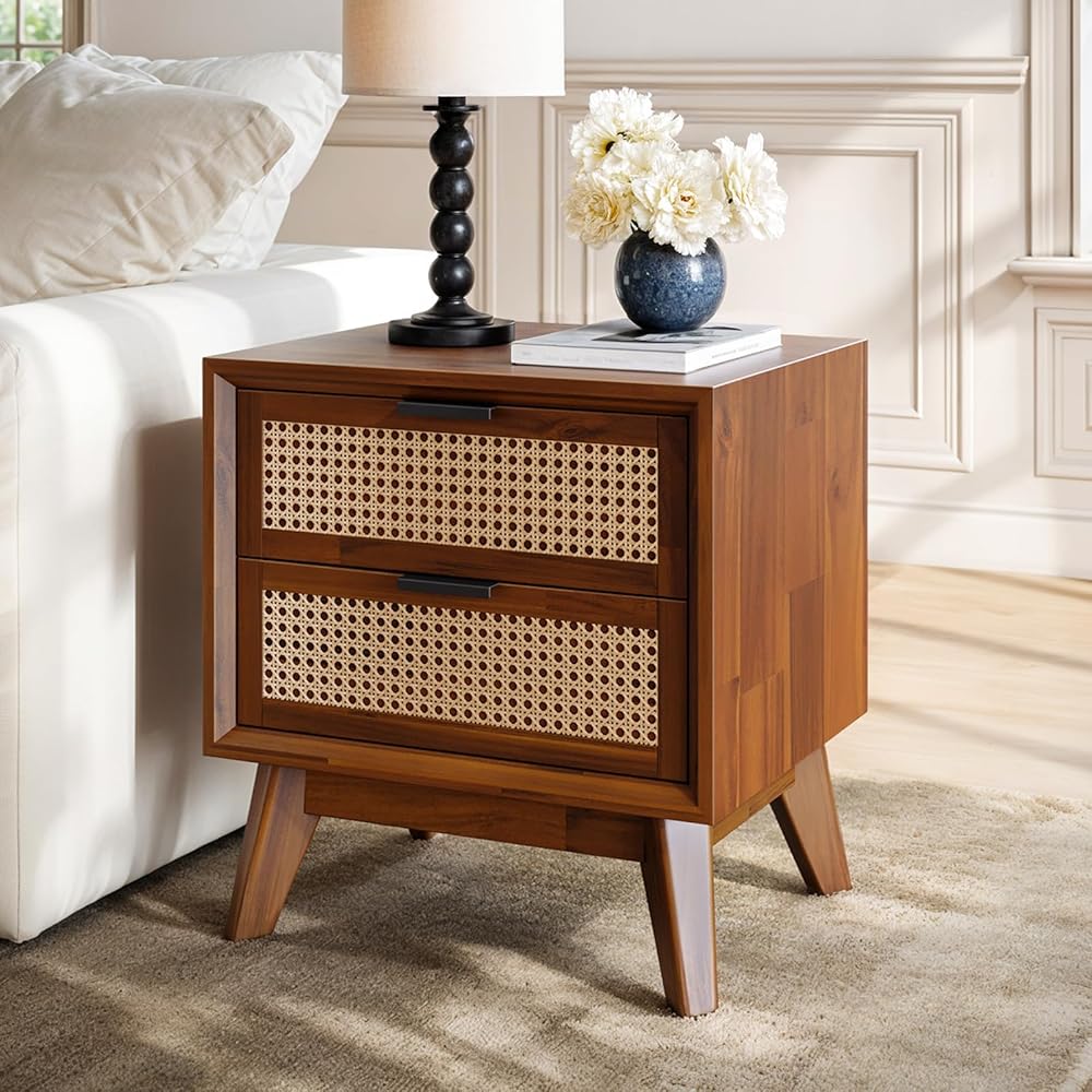 Bme Jasper Deluxe Solid Wood Rattan Nightstand Fully Assembled-Mid Century Modern Side Table with 2 Drawers-Multipurpose use for Living Room, Bedroom-Dark Chocolate : Home & Kitchen