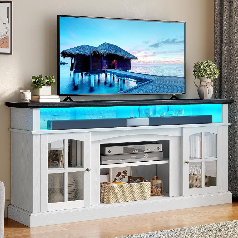 YITAHOME LED Farmhouse TV Stand for 75 Inch w/Outlets, Modern Entertainment Center with Glass Doors and Adjustable Storage Shelves, Media Console TV Cabinet for for Living Room, White/Black : Home & Kitchen