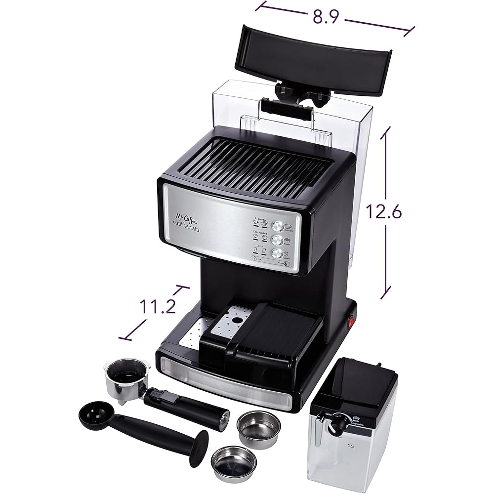 Mr. Coffee Espresso and Cappuccino Machine Stainless Steel Programmable Coffee Maker with Automatic Milk Frother 15-Bar Pump Ideal for Home Baristas