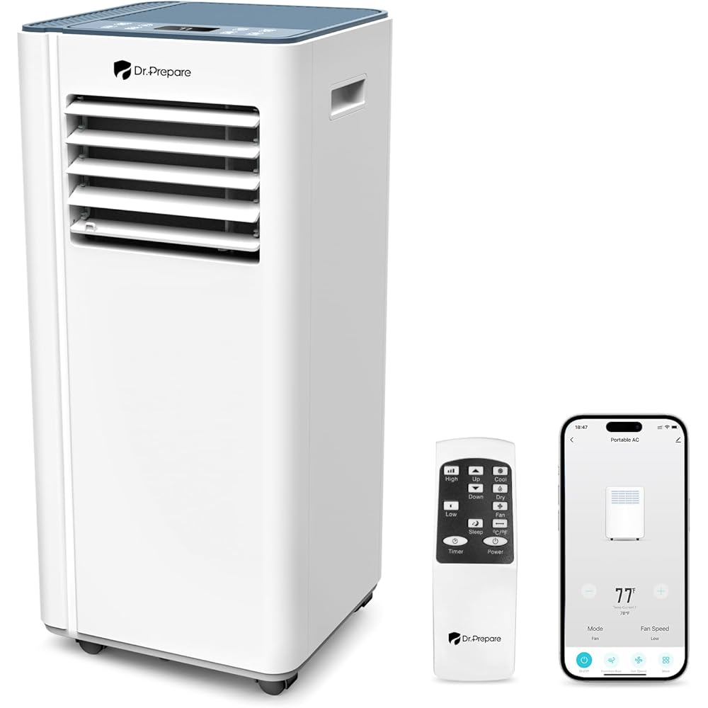 DR.PREPARE 8,000 BTU Portable Air Conditioner with WiFi Enabled, Cooling, Dehumidifier, Fan & Sleep Modes 4-in-1 Portable AC w/Remote Control & 67'' Window Kit, Cools Up To 350 sq. ft, 1-24H Timers : Home & Kitchen