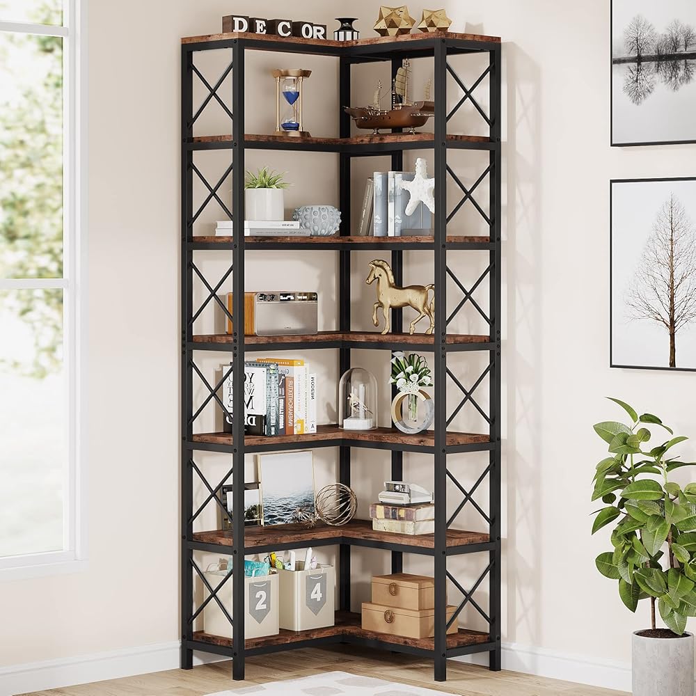 Tribesigns 7-Shelf Corner Bookshelf,Large Modern Corner Bookcase, 7-Tier Tall Corner Shelf Storage Display Rack with Metal Frame for Living Room Home Office (Rustic Brown) : Home & Kitchen