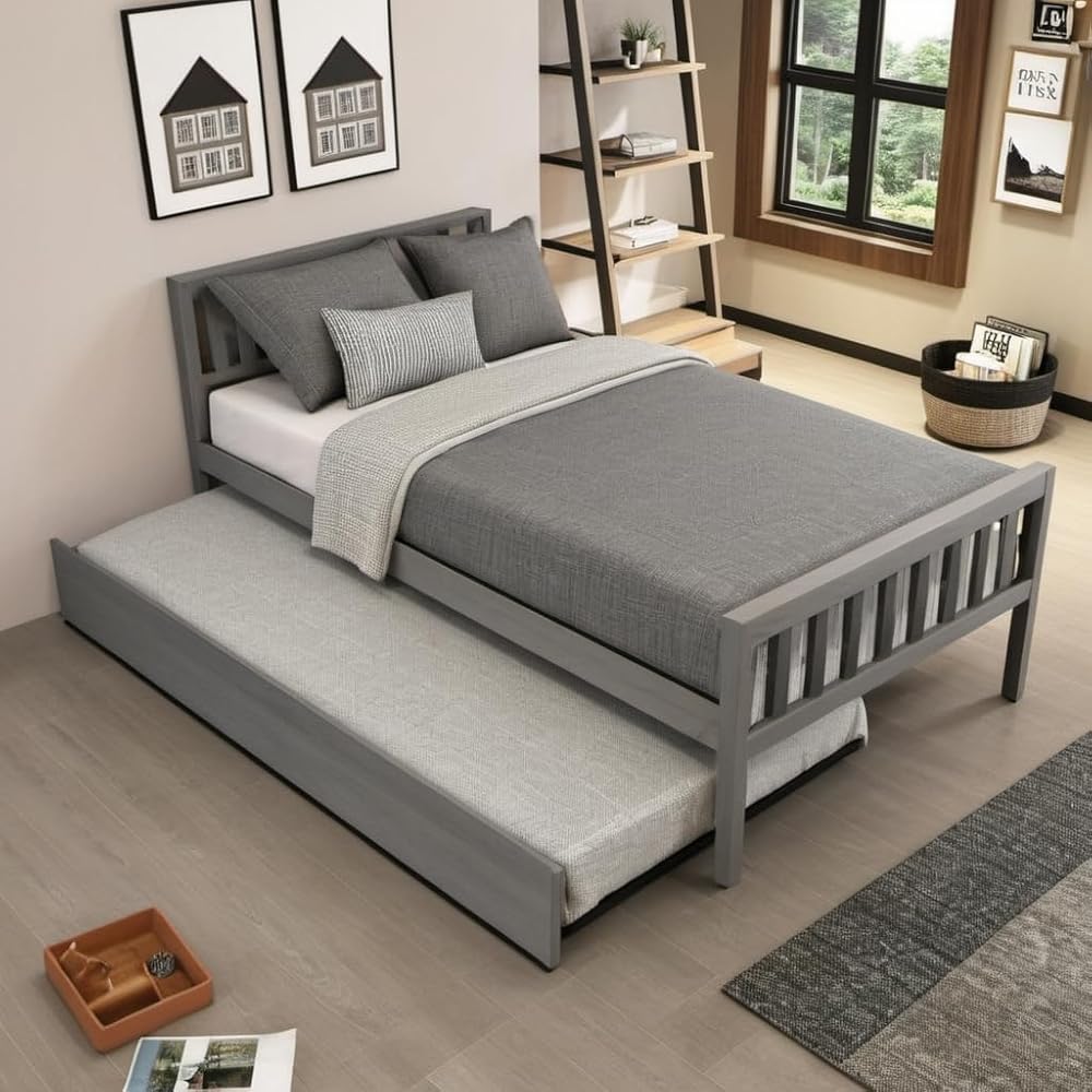 PVWIIK Twin Daybed with Trundle for Kids Bedroom,Wood Platform Bed Frame with Headboard and Footboard for Small Living Space,No Box Spring Needed,Grey : Home & Kitchen