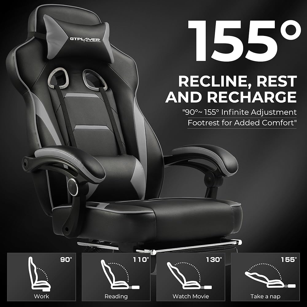 GTPLAYER Gaming Chair with Footrest, Big and Tall Computer Game Chair 350lb Racing Style, Ergonomic High Back Lumbar Support and Recliner, Moon Gray : Home & Kitchen