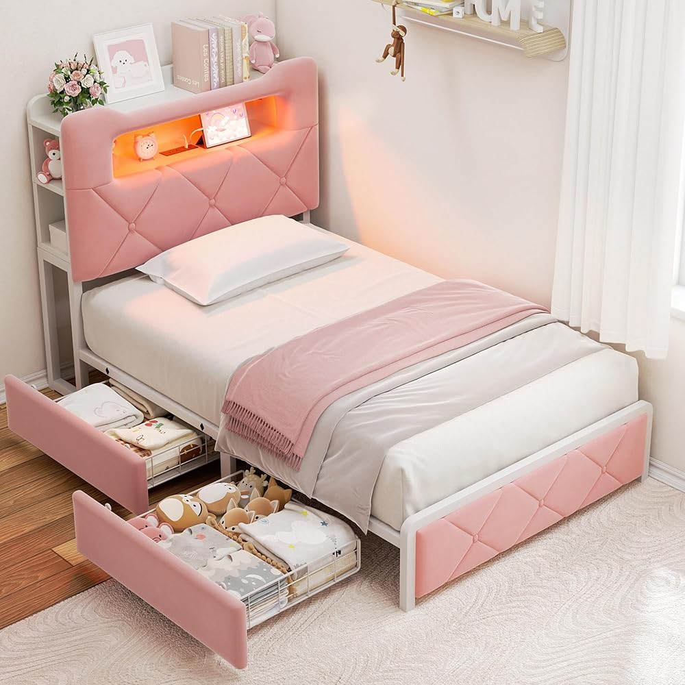 Twin Upholstered LED Bed Frame with 2 Storage Drawers and 2-Tier Storage Bookcase Headboard, Velvet Princess Platform Bed for Kids/Girls/Boys, Heavy Duty Metal Support, No Box Spring Needed, Pink : Home & Kitchen