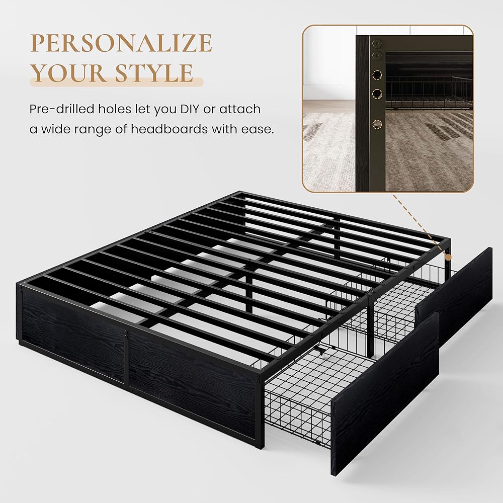 SHA CERLIN Queen Platform Bed Frame with 2 Large Storage Drawers, Rustic Wood and Metal, Noise-Free, Easy Assembly, No Box Spring Needed, Black : Home & Kitchen