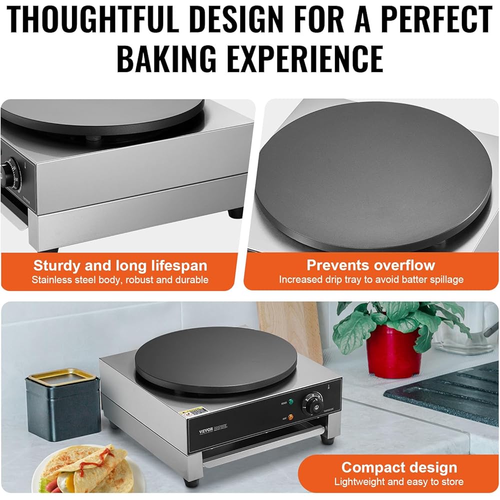 VEVOR Electric Crepe Maker, 16-Inch Commercial Crepe Machine, 1700W Flat Plate Crepe Griddle, Nonstick Stainless Steel Pancake Making Machine, Desktop Circular Cereals Pancake Stove with Temp Control: Home & Kitchen
