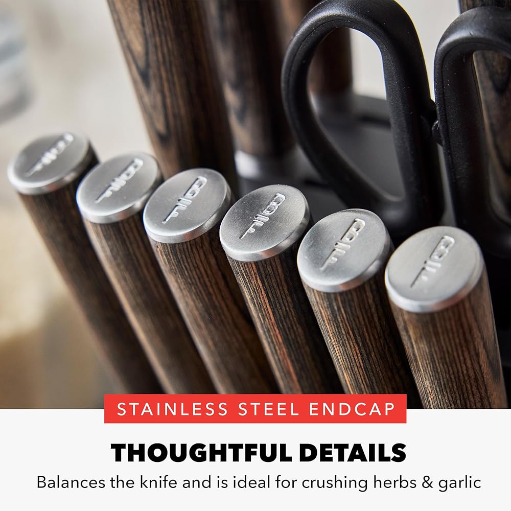 GreenPan x Bobby Flay 13 Piece Stainless Steel Cutlery Kitchen Knife Block Set, Premium Stainless Steel Blades, Acacia Wood Knife Block, Hand Finished Ergonomic Wood Handle, Damascus Steel Design: Home & Kitchen