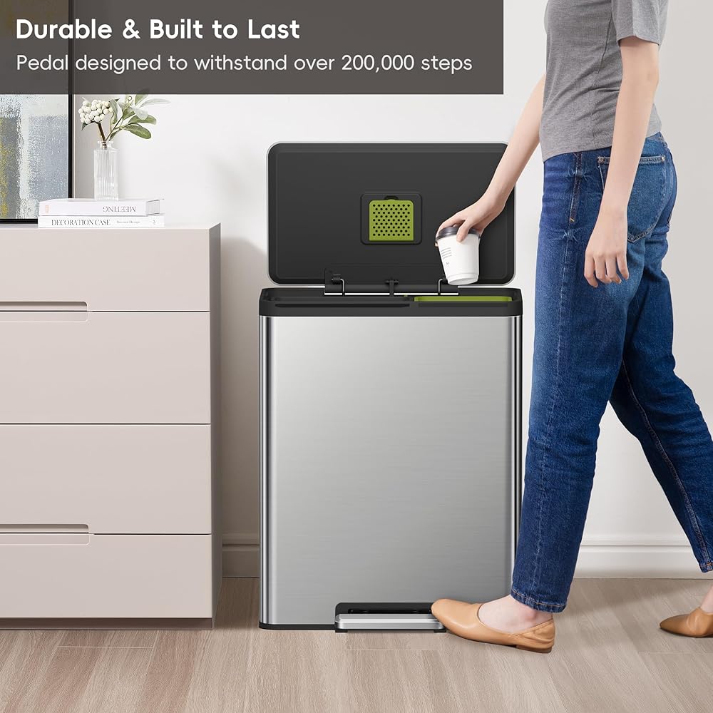 EKO EcoCasa II 36L+24L Dual Trash Can with Recycle Bin, Stainless Steel Garbage Can with Lid, Deodorizer Compartment, Odor-Proof and Fingerprint Resistant : Home & Kitchen