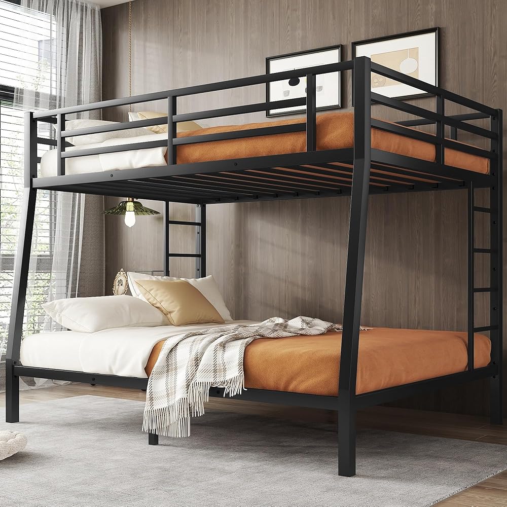 Bellemave Full XL Over Queen Bunk Bed for Adults, Full XL Over Queen Bunk Bed Frame with 2 Ladder and Full Length Guardrail, Easy Assemble, Mattress Not Included, Black : Home & Kitchen