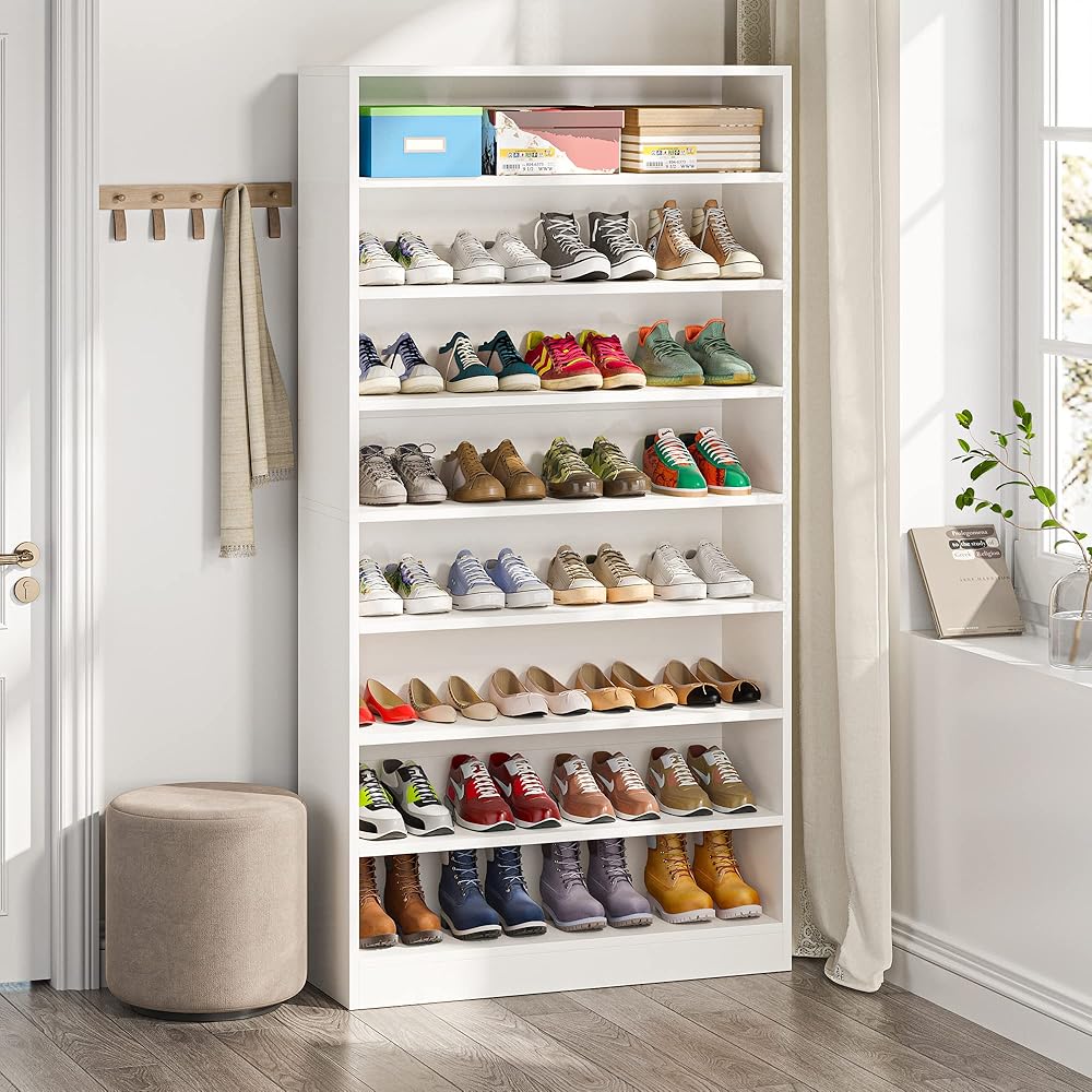 Tribesigns Shoe Cabinet, 9 Tiers 40-45 Pairs Heavy Duty Wood Freestanding Shoe Storage Cabinet, 70.8'' Tall Shoe Cabinet with Open Storage for Entryway, White : Home & Kitchen