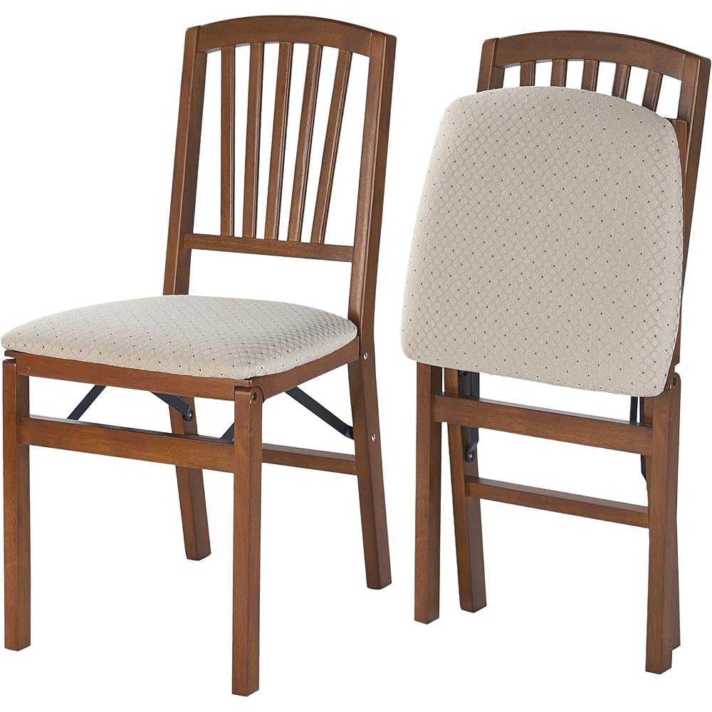 Stakmore Slat Back Wooden Folding Chairs with Padded Seats, Set of 2 - No Assembly Foldable Dining Chairs, Steel Folding Mechanism, Upholstered Cushion, Space-Saving, Fruitwood Frame : Home & Kitchen