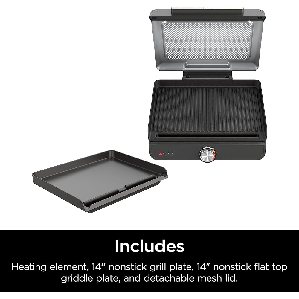 Ninja Griddle and Indoor Grill, 14’’, Electric Grill, For Steak, Burgers, Salmon, Veggies, and More, Pancake Griddle, Nonstick, Dishwasher Safe, 500F, Even Cooking, Silver, GR101: Home & Kitchen