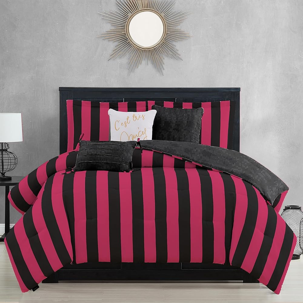 Juicy Couture Cabana Stripe Reversible Bedding Set - Queen/Full Size - Black and Hot Pink Stripe Print – 6 Piece Set – Includes 1 90