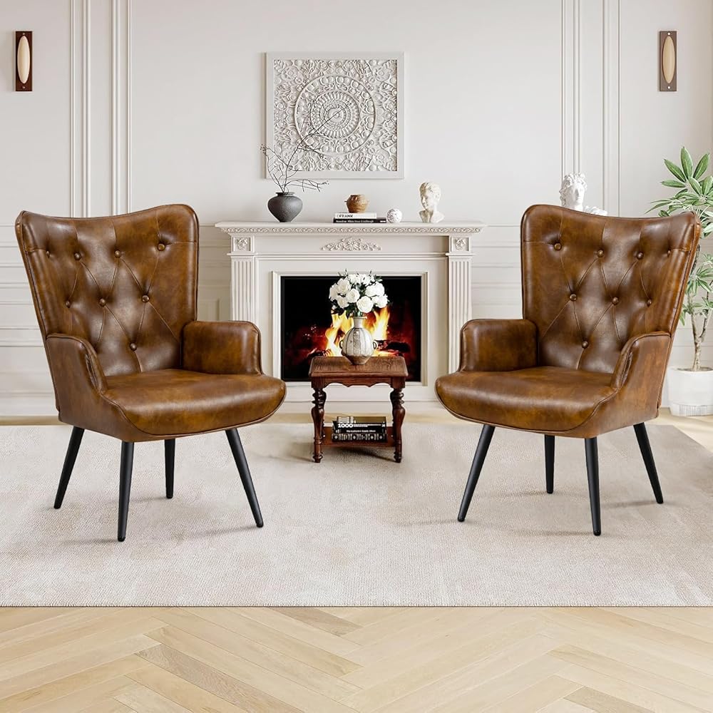 Furniliving PU Leather Accent Chair for Living Room, Upholstered Reading Chair with High Backrest, Tufted-Button Wingback Armchair for Bedroom, Dressing Room, Home Office, Brown, Set of 2 : Home & Kitchen