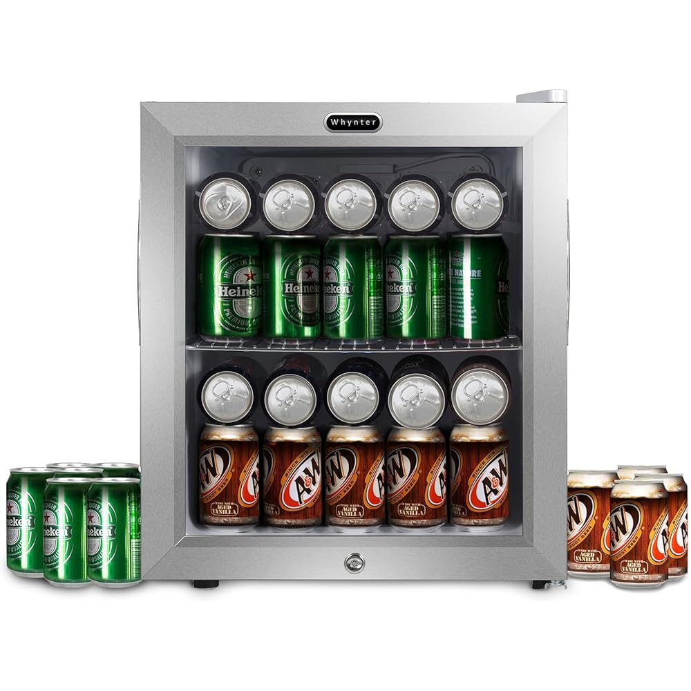 Whynter BR-062WS 68-Can Beverage Refrigerator with Glass Door, 1.6 Cu Ft Freestanding Drink Mini Fridge, Cubic Feet, Stainless Steel