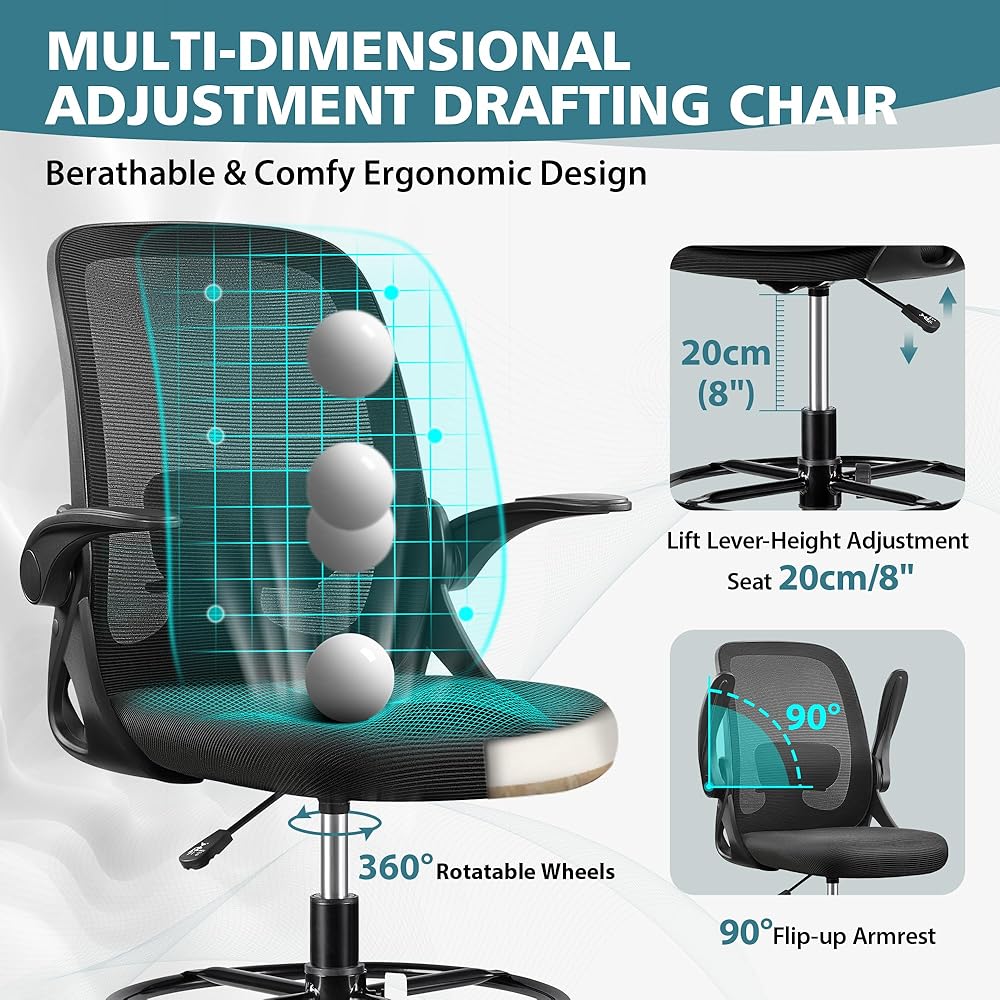 Winrise Drafting Chair Tall Office Chair Ergonomic Desk Chairs with Lumbar Support and Flip-up Armrests, Adjustable Height Comfy Computer Chair with Swivel Task and Adjustable Foot Ring(Black) : Home & Kitchen