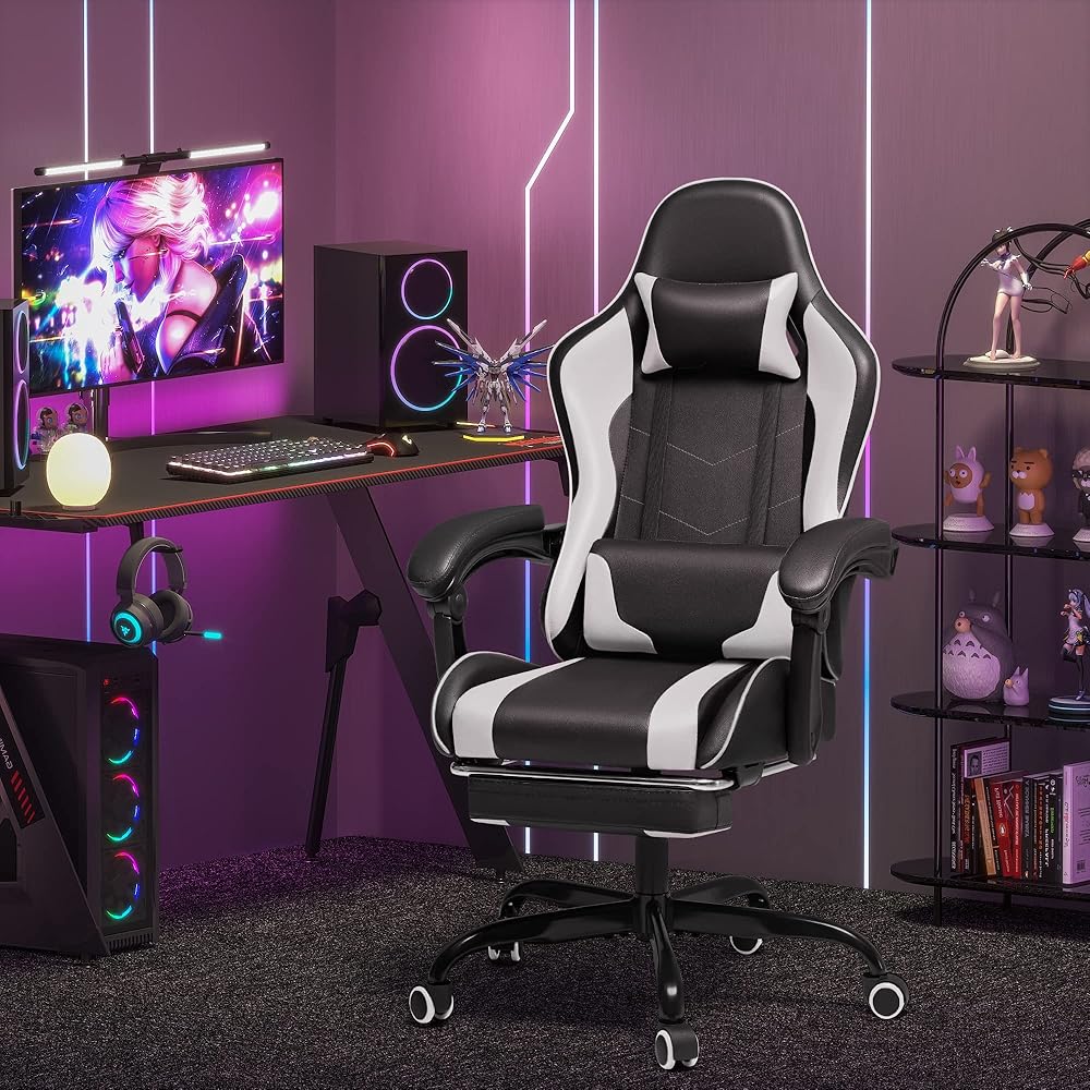 Homall Gaming Chair, Video Game Chair with Footrest and Massage Lumbar Support, Ergonomic Computer Chair Height Adjustable with Swivel Seat and Headrest (White) : Home & Kitchen