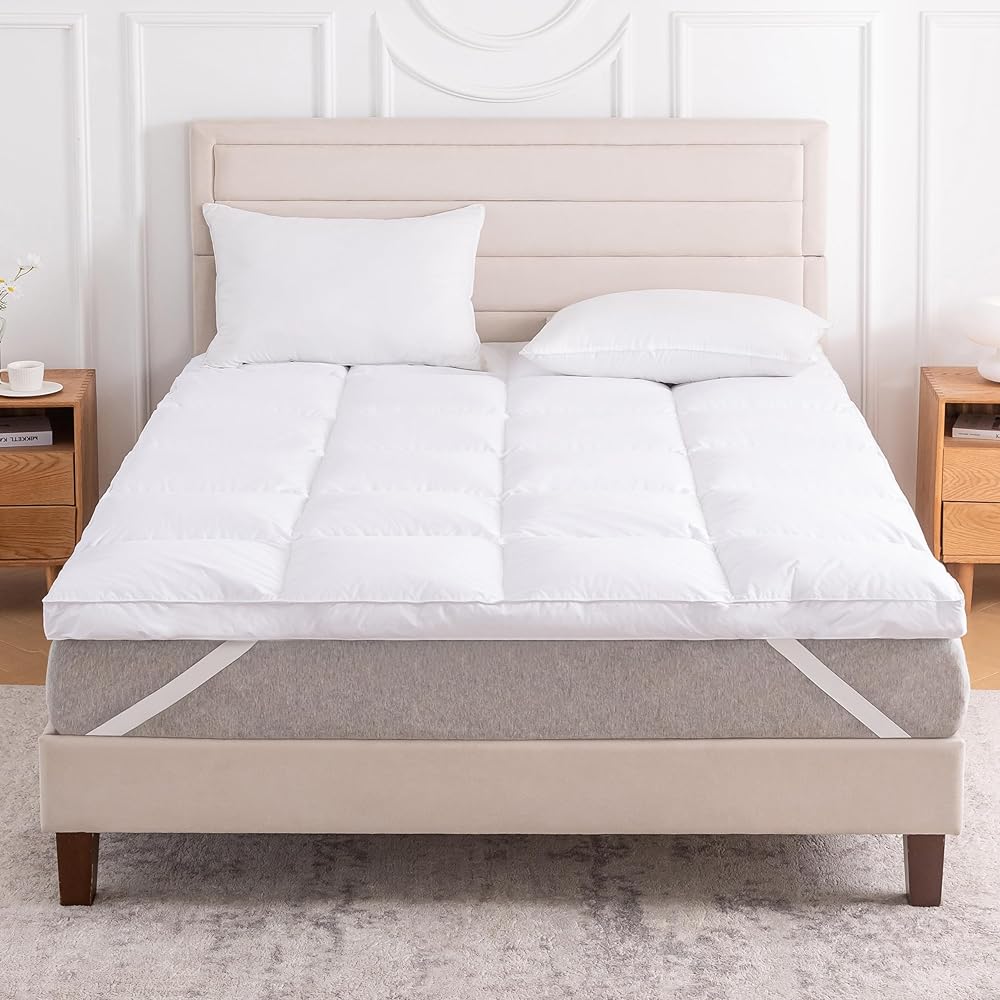 LeWinBedding 3 Inch White Goose Feather Mattress Topper,Queen Feather Bed Topper,Mattress Cover with Straps,Ultra Soft Pillowtop,100% Organic Cotton Fabric(60”x80”) : Home & Kitchen