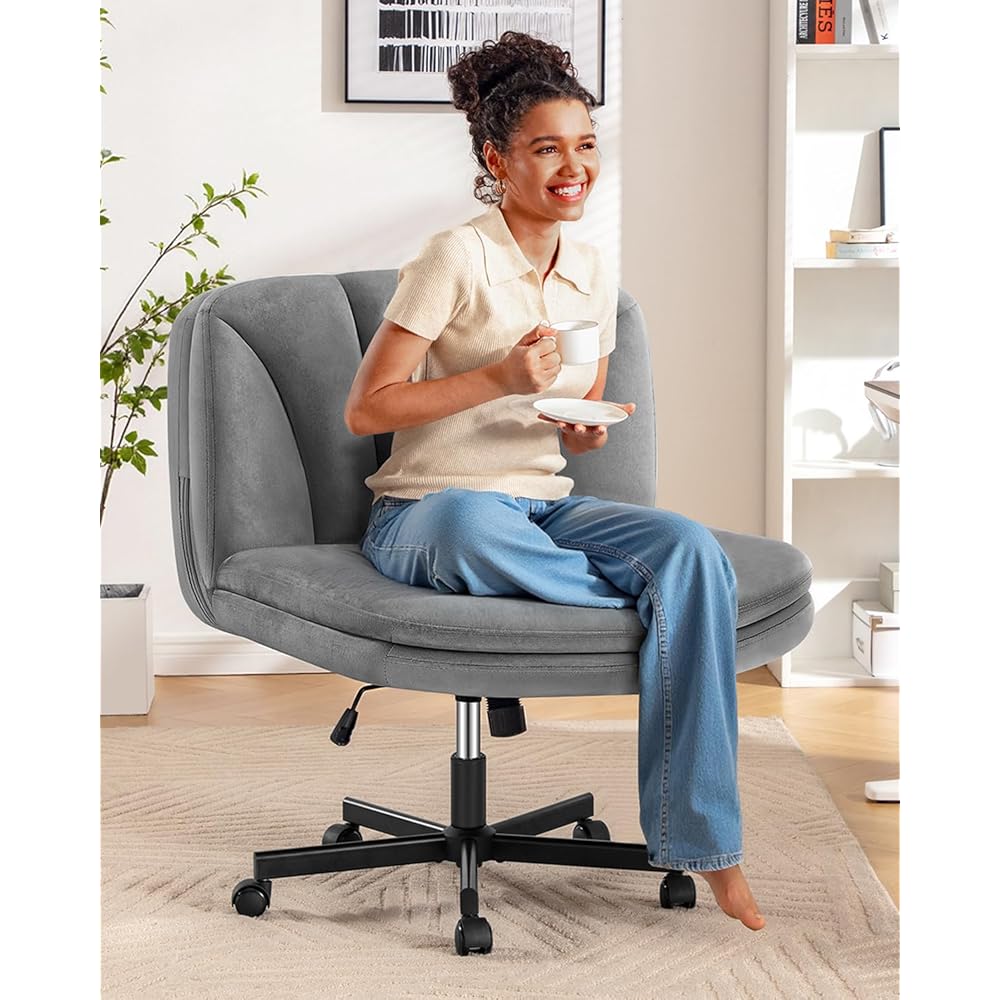 FelixKing Criss Cross Chair with Wheels, Cross Legged Office Chair, Armless Wide Vanity Desk Chair with 2 Layer Comfty Velvet & Back - Swivel for Home Office Bedroom, Gray Velvet : Home & Kitchen